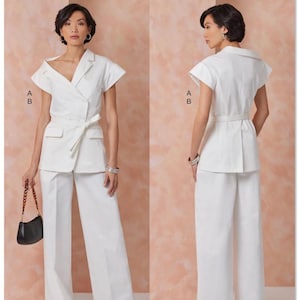 May include: Vogue Patterns sewing pattern for a white suit. The suit features a short-sleeved blazer with a wrap design and wide-leg pants. The pattern includes the Vogue Patterns logo and the text "Designed and printed in the USA."