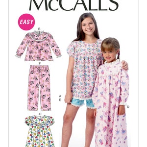 Easy Sewing Pattern for Girls Pajamas, Pajama Tops and Pants, Girls Nightgown Pattern, McCalls 6831, Size 7-14, Uncut FF
