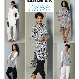 May include: Butterick Lifestyle Wardrobe B6294 sewing pattern envelope featuring five variations of shirts, tunics, and pants. Designs include solid white and black garments alongside zebra-print patterns with high-low hemlines and button-down collars.