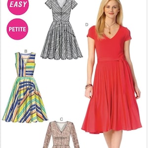 May include: Image showing a woman in a red dress and three dress patterns. The patterns include a black and white patterned dress, a striped dress, and a beige lace dress. The words "EASY" and "PETITE" are in pink circles.