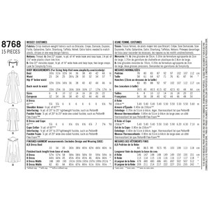 May include: Sewing pattern for a dress and cape with a long, flowing silhouette. The pattern includes instructions for sizes 6-22. The pattern is for misses' costumes and includes a list of fabrics and notions needed.