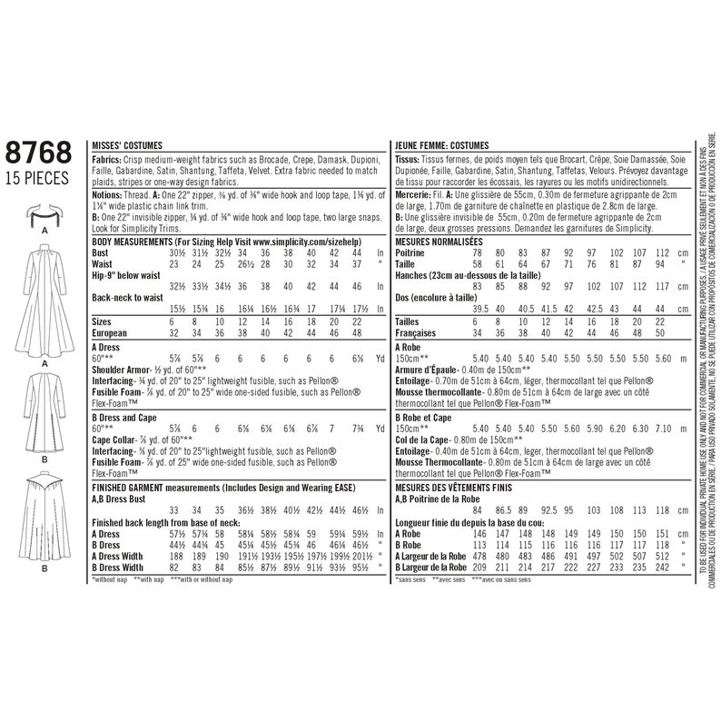 May include: Sewing pattern for a dress and cape with a long, flowing silhouette. The pattern includes instructions for sizes 6-22. The pattern is for misses' costumes and includes a list of fabrics and notions needed.