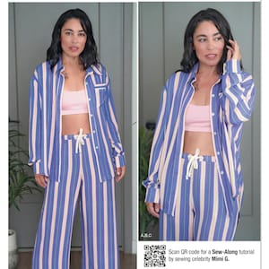 May include: A sewing pattern envelope labelled S3280 by Simplicity and Mimi G. The cover features a blue, white, and peach striped button-down shirt and matching wide-leg trousers with a drawstring waist. Includes a QR code for a tutorial.