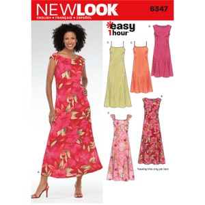 May include: A sewing pattern for four different styles of dresses. The pattern includes a long floral print dress, a sleeveless dress with a scoop neck, a sleeveless dress with a square neck, and a sleeveless dress with a ruffle trim. The pattern is labelled "New Look" and "Easy 1 Hour".