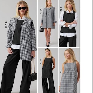 Könnte beinhalten: McCall's Schnittmuster M8562 mit verschiedenen Kleidungsstücken, darunter eine schwarz-weiß karierte Jacke, eine ärmellose schwarze Tunika, ein weißes Hemd mit Kragen und eine weite schwarze Hose. Das Schnittmuster zeigt mehrere Kombinationsmöglichkeiten.