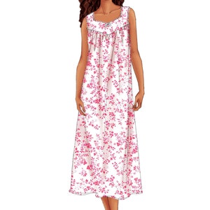 May include: A white sleeveless nightgown with a pink floral print. The gown has a gathered neckline and a ruffled hem.