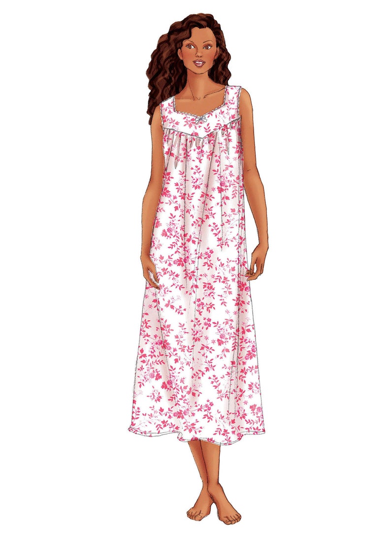 May include: A white sleeveless nightgown with a pink floral print. The gown has a gathered neckline and a ruffled hem.