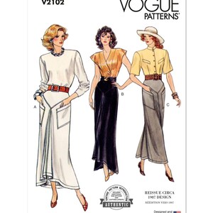 May include: Vogue Patterns V2102 sewing pattern featuring three vintage fashion designs. The illustration shows a white dress, a gold top with a black skirt, and a yellow shirt with a gray skirt. The pattern is a reissue from 1987.