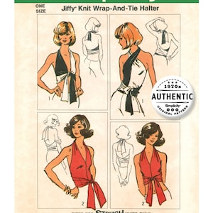 May include: Simplicity pattern 5555 for a Jiffy Knit Wrap-And-Tie Halter. The vintage sewing pattern features illustrations of the halter top in black and white, and red. The pattern is sized for stretch knits and is an authentic original from the 1970s.