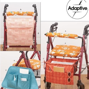 May include: Simplicity Adaptive pattern for walker accessories. The image shows a red walker with various fabric accessories, including seat cushions and storage bags. The accessories feature floral and checkered patterns in orange, peach, and teal.