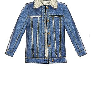 May include: A blue denim jacket with a white faux fur collar and yellow stitching. The jacket has a button closure and long sleeves.