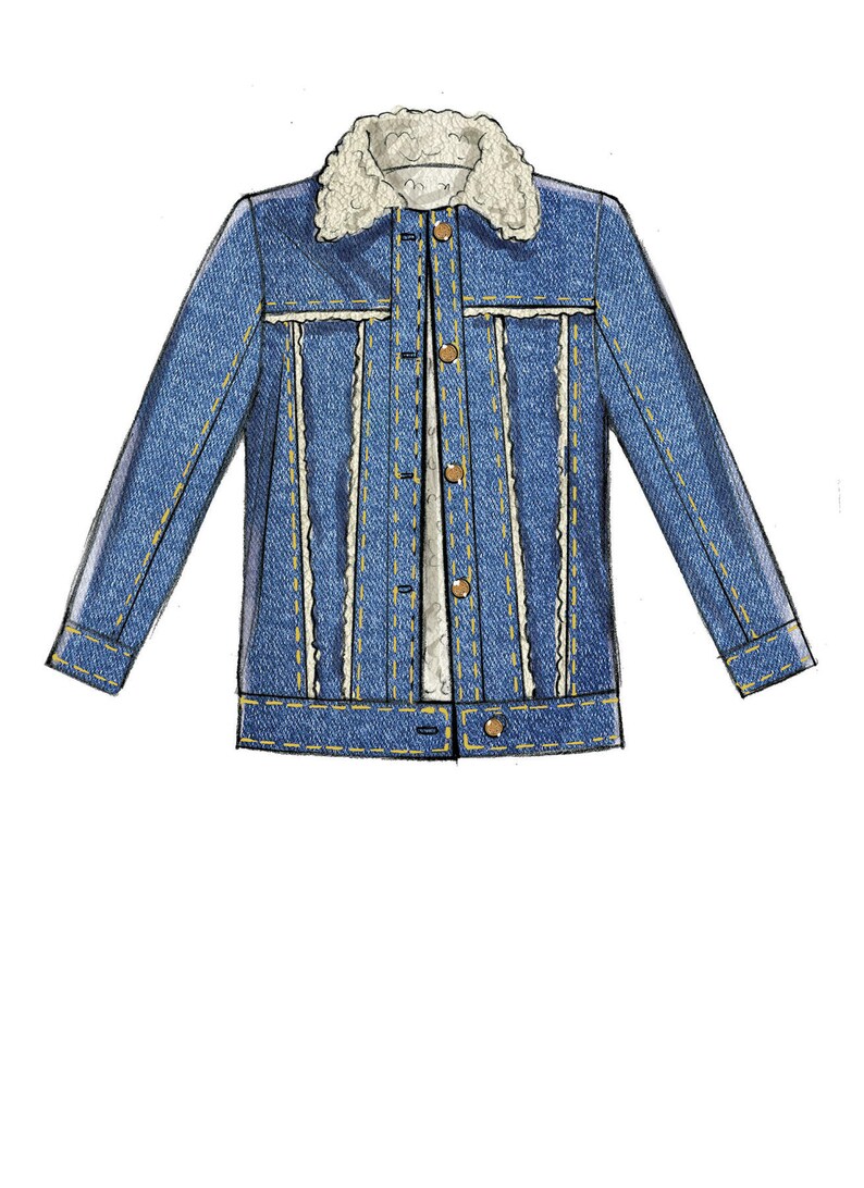 May include: A blue denim jacket with a white faux fur collar and yellow stitching. The jacket has a button closure and long sleeves.