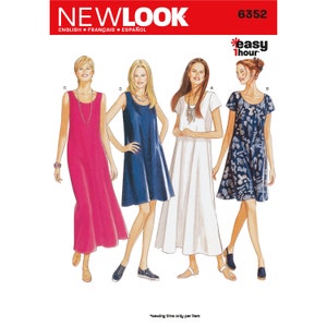 May include: Sewing pattern for four sleeveless dresses. The dresses are in pink, blue, white, and a floral print. The pattern is labeled "New Look" and "Easy 1 Hour".