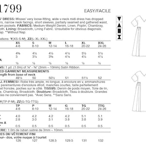 May include: A sewing pattern for a Misses' loose-fitting, V-neck midi dress with dropped shoulders, short sleeves, and side seam pockets. Includes fabric and measurement details in inches, with sizes ranging from XS to XXL.