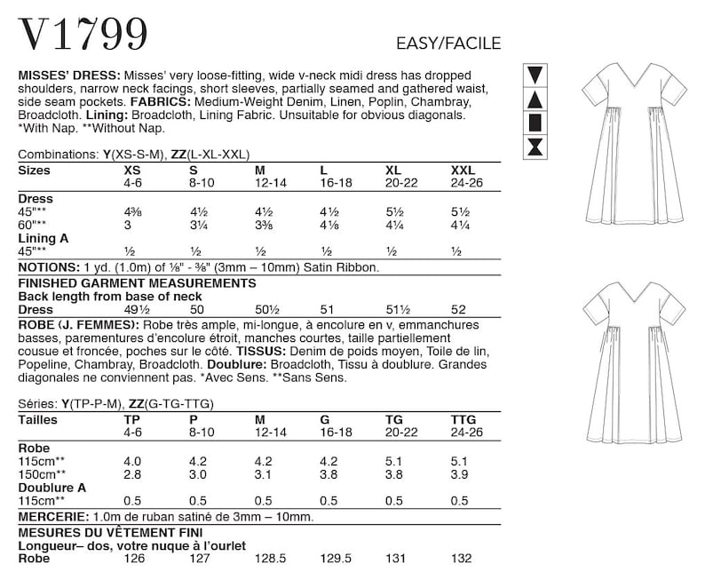 May include: A sewing pattern for a Misses' loose-fitting, V-neck midi dress with dropped shoulders, short sleeves, and side seam pockets. Includes fabric and measurement details in inches, with sizes ranging from XS to XXL.