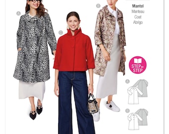 May include: A Burda Easy sewing pattern featuring three coat designs. The pattern includes a leopard print coat, a floral coat, and a red jacket. The pattern number is 5688. The text "super easy" is displayed.
