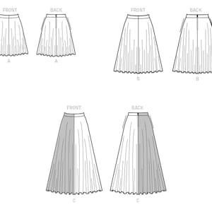 May include: Line drawing of three different skirt styles, labeled A, B, and C. Each style is shown from the front and back. The skirts are all knee-length and have a pleated design.