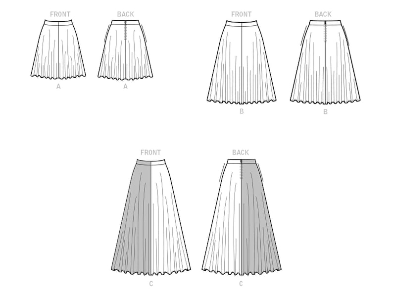 May include: Line drawing of three different skirt styles, labeled A, B, and C. Each style is shown from the front and back. The skirts are all knee-length and have a pleated design.
