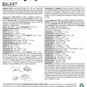 May include: A black and white sewing pattern for women's hats, including berets and pillbox styles. The pattern details fabric requirements, notions, and measurements in inches for various hat sizes. The pattern includes the text "B6397".