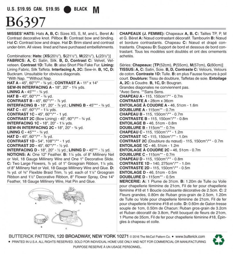 May include: A black and white sewing pattern for women's hats, including berets and pillbox styles. The pattern details fabric requirements, notions, and measurements in inches for various hat sizes. The pattern includes the text "B6397".