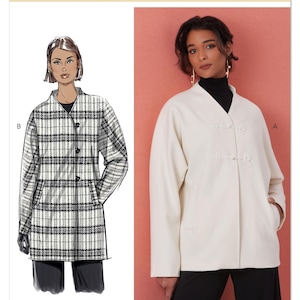 May include: Butterick sewing pattern B7058 features two coat designs. One coat is a plaid pattern with a classic silhouette. The other is a solid cream-colored coat with a unique button closure. The pattern is designed and printed in the USA.