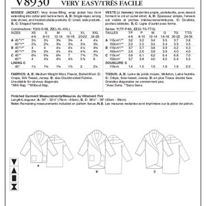 Patron de couture Vogue pour veste femme, veste à col châle, veste oversize, veste portefeuille, Vogue 8930, taille XS-M et L-XXL, FF non coupé image 10