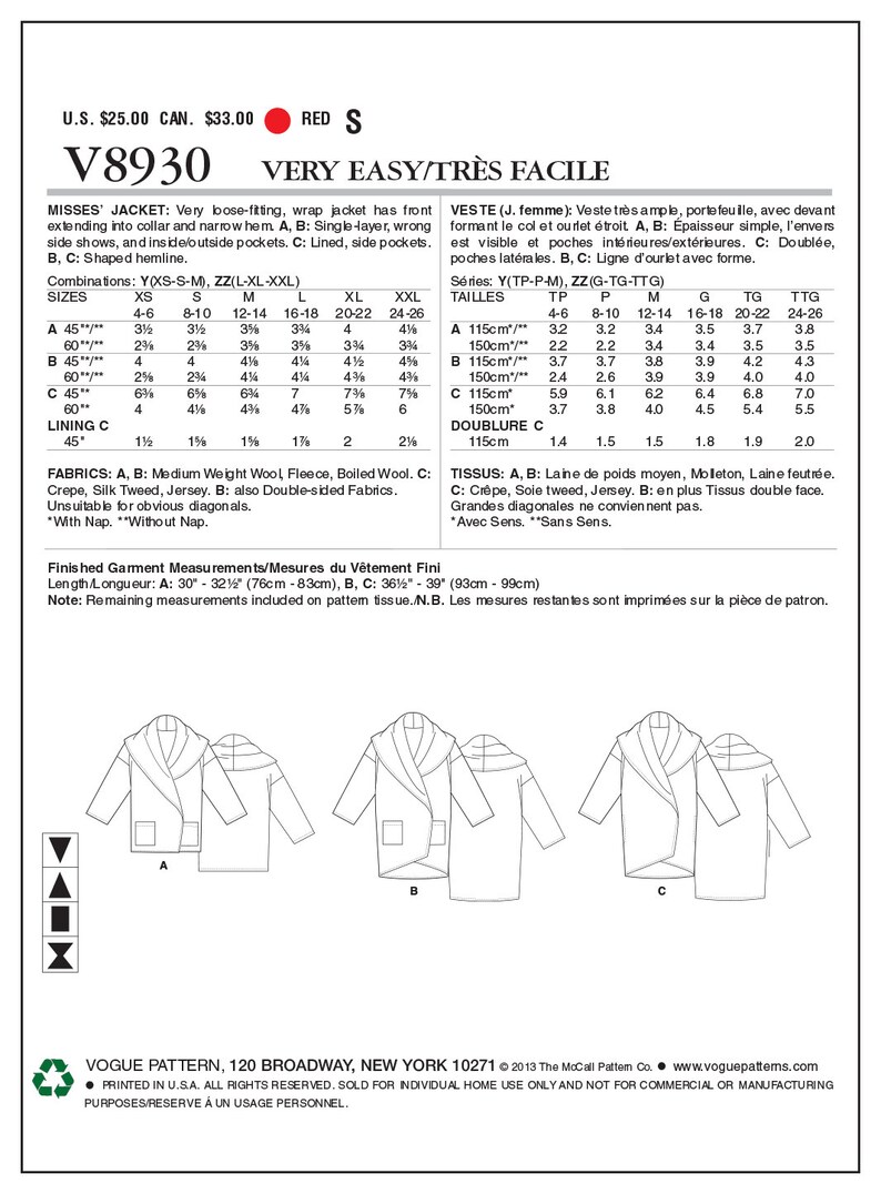 Patron de couture Vogue pour veste femme, veste à col châle, veste oversize, veste portefeuille, Vogue 8930, taille XS-M et L-XXL, FF non coupé image 10