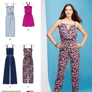 May include: Simplicity sewing pattern 1114 features several jumpsuit and dress designs. The image shows a woman wearing a floral jumpsuit. The pattern includes a variety of styles, including a striped jumpsuit, a solid navy jumpsuit, and a pink dress. The text "easy-to-sew" is visible.
