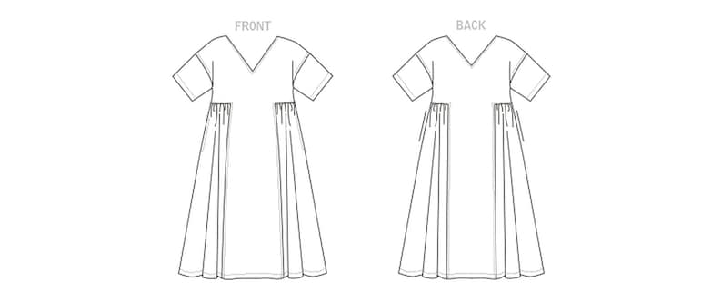 May include: Line drawing of a dress, front and back views. The dress has a V-neck, short sleeves, and a gathered waist. The skirt flares out from the waist. The back view shows ties at the waist. The word "FRONT" is above the front view, and "BACK" is above the back view.