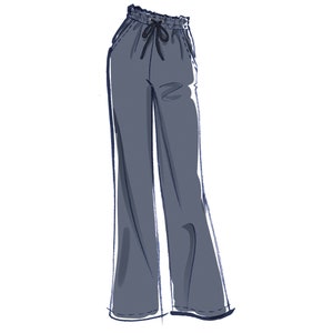 May include: A pair of wide-leg pants with a drawstring waist and a dark blue color.