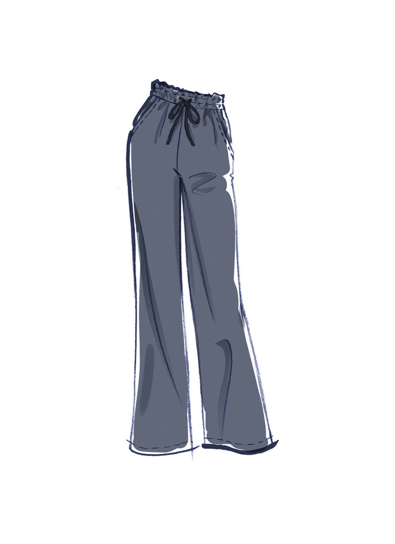 May include: A pair of wide-leg pants with a drawstring waist and a dark blue color.