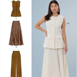 May include: Simplicity sewing pattern S3108. The image shows a woman wearing a cream-coloured vest and skirt. The pattern also includes a brown vest, a brown polka dot skirt, and brown trousers. The text "Simplicity" is at the top.
