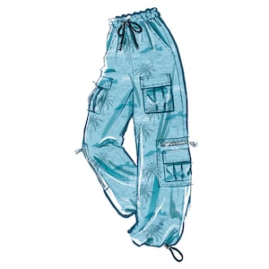 May include: Blue cargo pants with a tropical print and drawstring waist. The pants have multiple pockets.