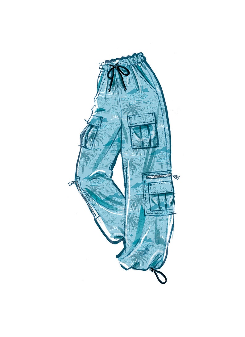 May include: Blue cargo pants with a tropical print and drawstring waist. The pants have multiple pockets.