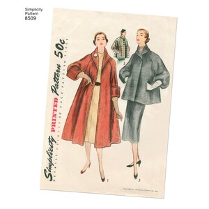 May include: Simplicity Pattern 8509, a vintage sewing pattern for a coat. The pattern is printed on a white background with red and black text. The pattern shows two women wearing different styles of coats. One coat is red and the other is gray. The pattern is for 50 cents.