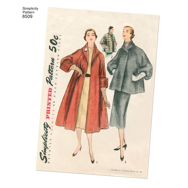 May include: Simplicity Pattern 8509, a vintage sewing pattern for a coat. The pattern is printed on a white background with red and black text. The pattern shows two women wearing different styles of coats. One coat is red and the other is gray. The pattern is for 50 cents.