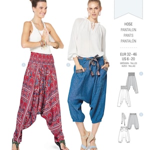 May include: Two women modeling different styles of loose-fitting pants. The pants on the left are red with a paisley print, and the pants on the right are blue denim. The text on the image reads "HOSE PANTALON PANTS PANTALÓN EUR 32-46 US 6-20 GRÖSSEN-TALLES SIZES-TALLAS"