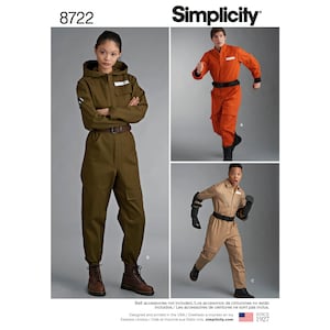 May include: A sewing pattern for a jumpsuit with three different variations. The pattern is for a hooded jumpsuit in olive green, a jumpsuit in orange, and a jumpsuit in beige. The pattern is Simplicity 8722.