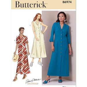Puede incluir: Un patrón de costura para un vestido largo con botones delanteros y tres opciones de manga: sin mangas, manga corta y manga larga. El patrón es de Butterick y está diseñado e impreso en los EE. UU.