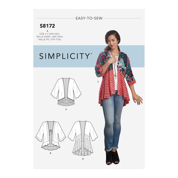 Easy Sewing Pattern for Womens Jackets, Kimono Jacket, Womens Cardigan, Shawl Jacket, Simplicity 8172, Size XXS-XXL, Uncut FF