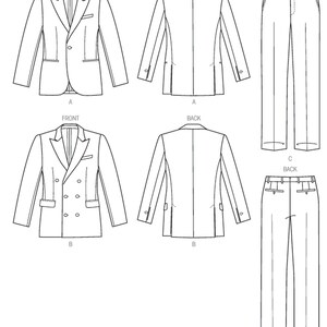 May include: A sewing pattern for a suit with two jacket styles: a single-breasted jacket and a double-breasted jacket. The pattern also includes instructions for a pair of pants.