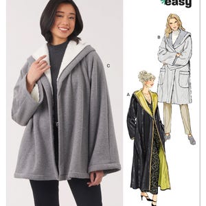 Puede incluir: Una mujer modela un abrigo con capucha gris con un forro blanco y esponjoso. El patrón es de New Look, etiquetado N6811, e incluye ilustraciones de otros diseños de abrigos. La palabra "easy" también es visible.