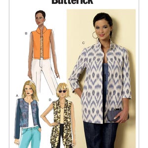 Puede incluir: Patrón de costura Butterick B6328 con ilustraciones de varias chaquetas y chalecos. La imagen principal muestra a una mujer con una chaqueta de manga larga con un estampado geométrico azul y blanco. Otros diseños incluyen un chaleco naranja y una chaqueta azul con estampado floral.