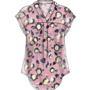 May include: A pink blouse with a floral print and a v-neck. The blouse has short sleeves and a curved hem.