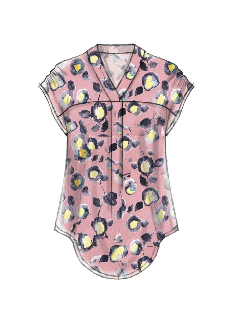 May include: A pink blouse with a floral print and a v-neck. The blouse has short sleeves and a curved hem.