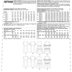 May include: Sewing pattern M7948 for misses' dresses with sleeve variations, side pockets, and pleated or gathered skirts. Includes fabric suggestions and finished garment measurements in inches.