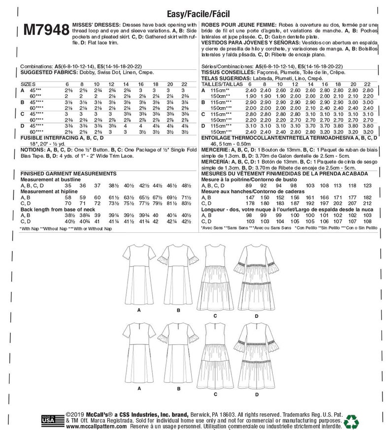 May include: Sewing pattern M7948 for misses' dresses with sleeve variations, side pockets, and pleated or gathered skirts. Includes fabric suggestions and finished garment measurements in inches.