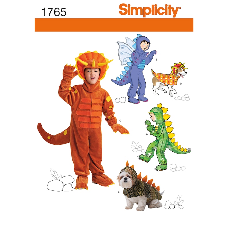 May include: Simplicity sewing pattern number 1765 for making dinosaur costumes for children and pets. The pattern includes a triceratops, a dragon, a stegosaurus, and a dog costume.