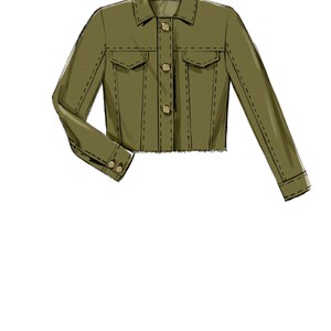 May include: A green denim jacket with a button-up front and long sleeves. The jacket has two flap pockets on the chest and a stitched design.