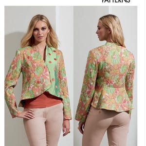 May include: A Vogue Patterns sewing pattern for a jacket. The jacket is a floral print in green, peach, and yellow. The pattern includes the text "V1865" and "Júlio César". The size range is A5 (6-8-10-12-14).